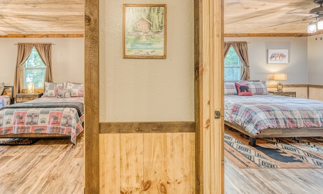 bedroom featuring multiple windows, wood finished floors, and ceiling fan