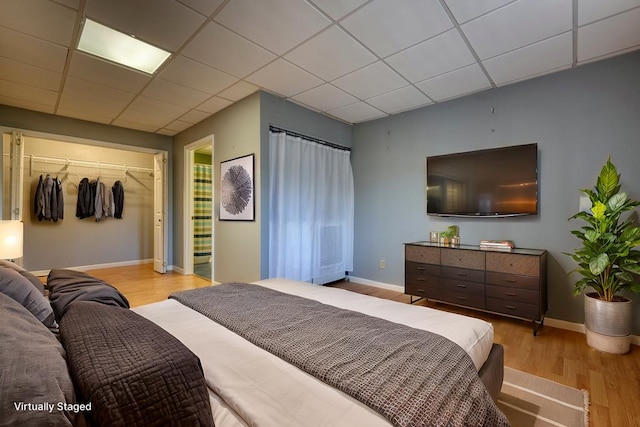 bedroom with a closet, a paneled ceiling, baseboards, and light wood finished floors