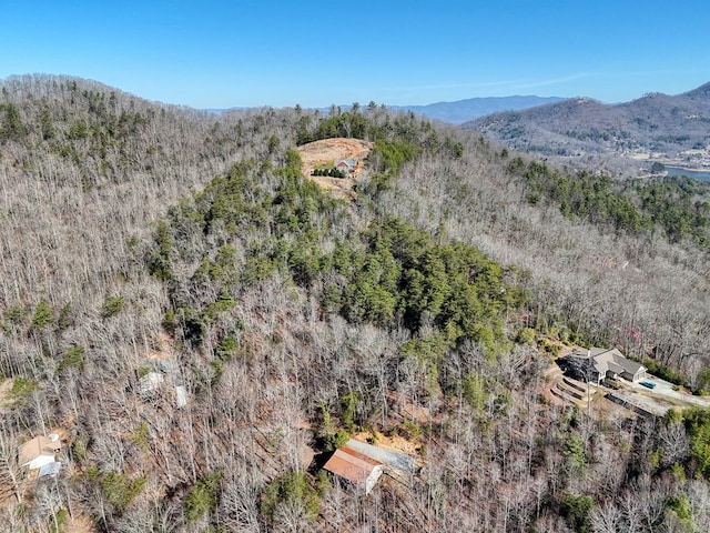 birds eye view of property featuring a mountain view and a view of trees