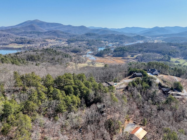 property view of mountains featuring a view of trees and a water view