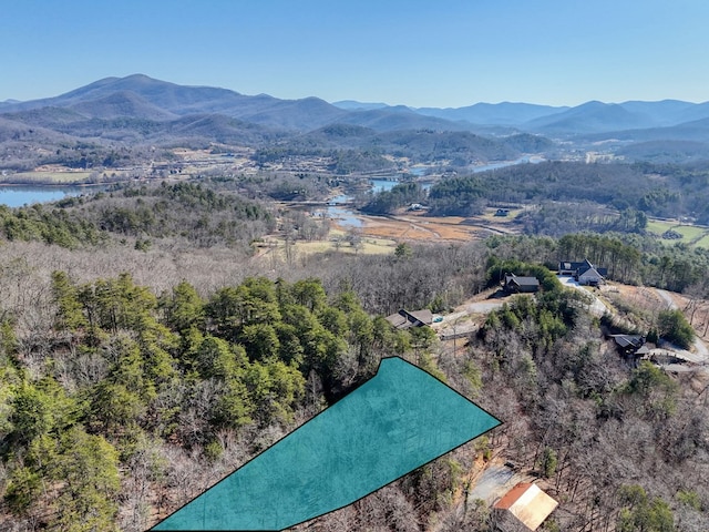 drone / aerial view with a water and mountain view