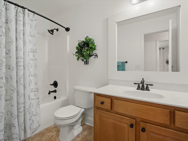 full bathroom featuring vanity, tile patterned floors, shower / bath combination with curtain, and toilet