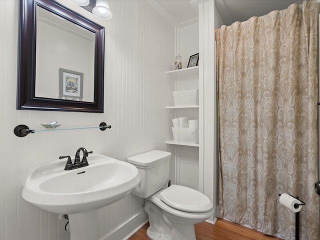 bathroom with wood-type flooring, sink, and toilet