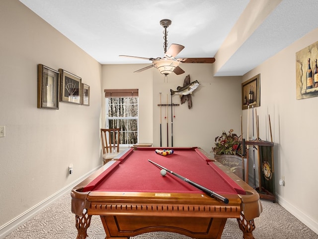 recreation room featuring light carpet, a textured ceiling, ceiling fan, and billiards