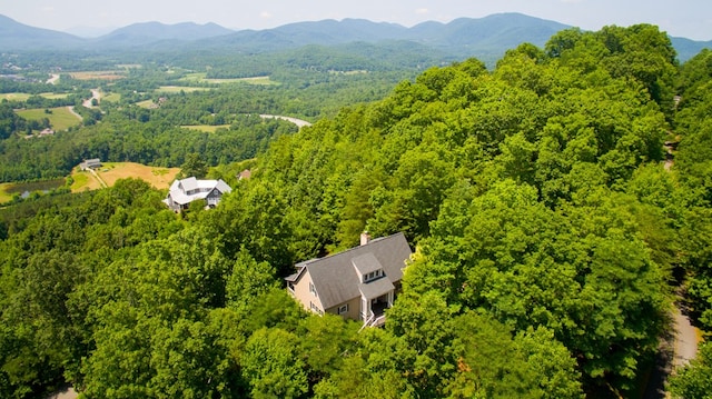 birds eye view of property featuring a wooded view and a mountain view