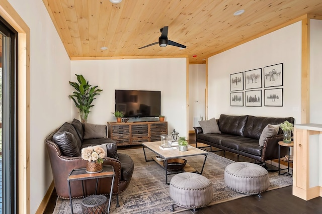 living room featuring a ceiling fan, wooden ceiling, baseboards, and wood finished floors