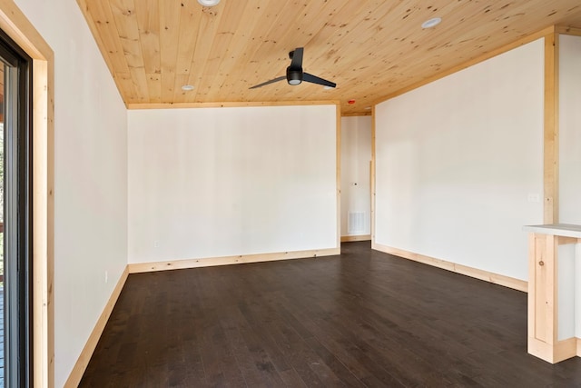 spare room with dark wood-style floors, wooden ceiling, visible vents, and ceiling fan