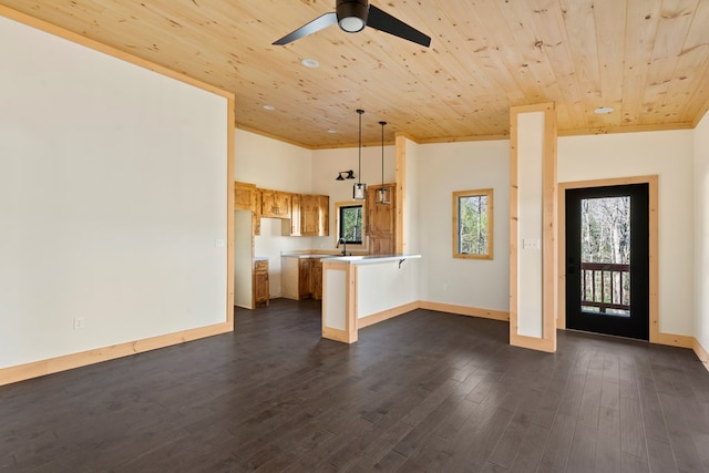 kitchen featuring a peninsula, dark wood-style floors, wood ceiling, and a kitchen bar