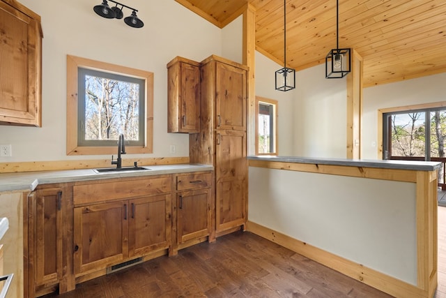 kitchen featuring a peninsula, a sink, wood ceiling, visible vents, and brown cabinets