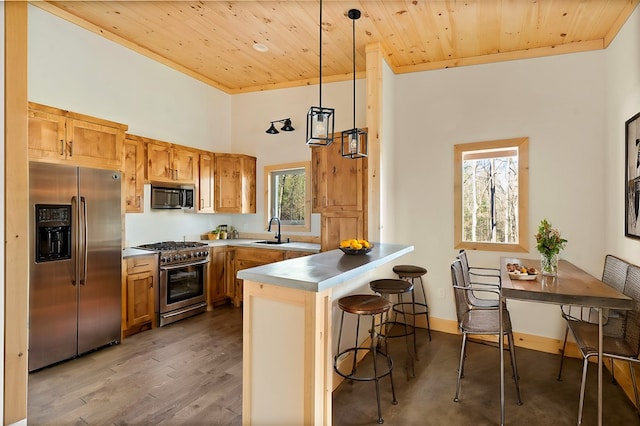 kitchen with appliances with stainless steel finishes, a sink, wooden ceiling, a peninsula, and baseboards