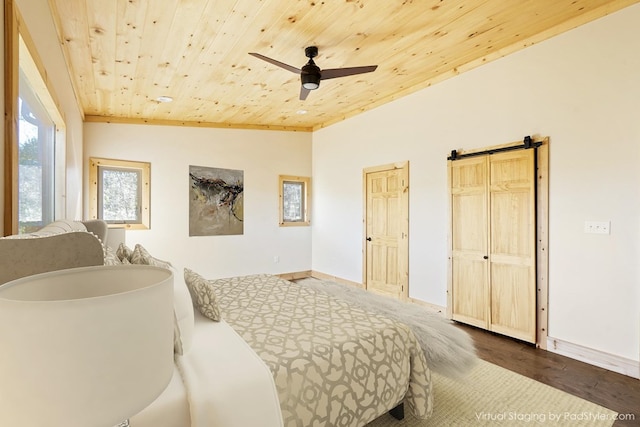 bedroom with a ceiling fan, wood ceiling, vaulted ceiling, wood finished floors, and baseboards