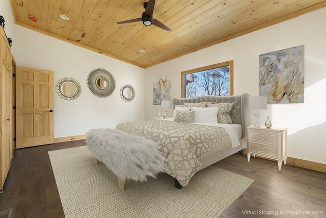 bedroom featuring baseboards, lofted ceiling, wood ceiling, ceiling fan, and dark wood-style flooring