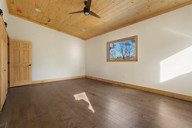 unfurnished room with baseboards, a ceiling fan, wooden ceiling, dark wood-type flooring, and vaulted ceiling