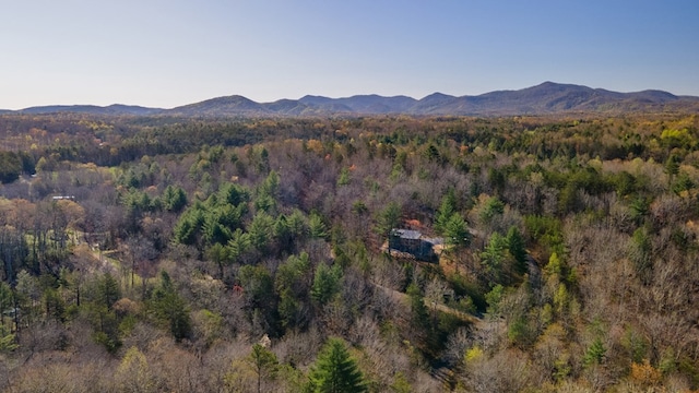 drone / aerial view with a mountain view and a forest view