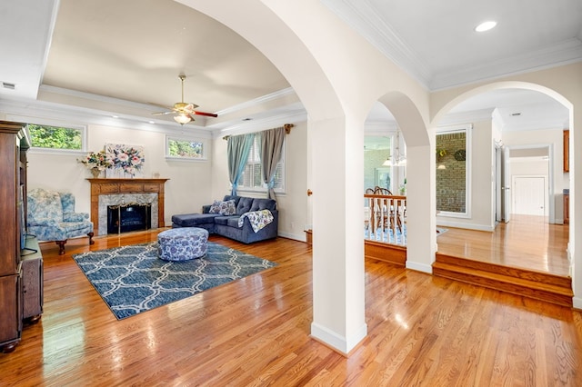 226 Euharlee Five Forks Rd, Kingston, GA 30145 - living area with ceiling fan, healthy amount of natural light, ornamental molding, light wood-style flooring, and a fireplace