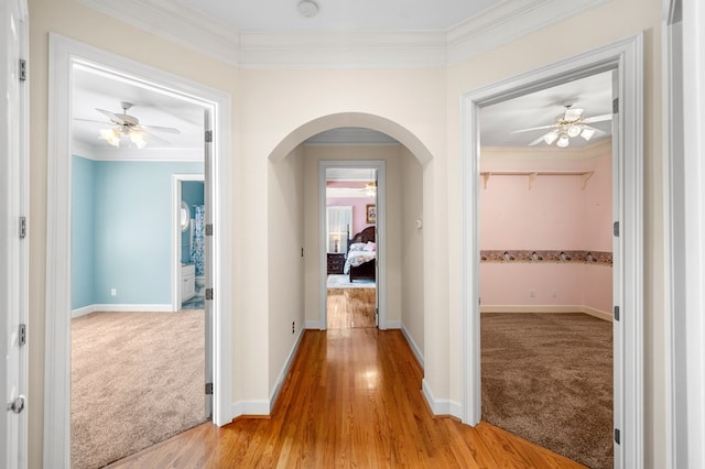 226 Euharlee Five Forks Rd, Kingston, GA 30145 - hall with light colored carpet, ornamental molding, baseboards, and light wood finished floors