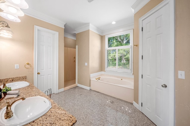 226 Euharlee Five Forks Rd, Kingston, GA 30145 - bathroom with ornamental molding, a bath, double vanity, carpet flooring, and baseboards