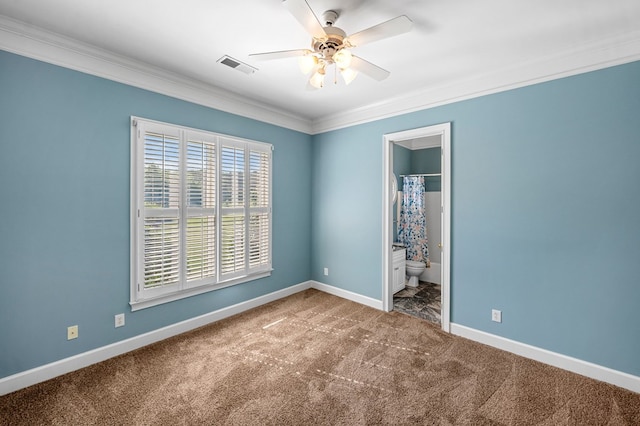 226 Euharlee Five Forks Rd, Kingston, GA 30145 - unfurnished bedroom with ornamental molding, carpet, baseboards, ensuite bathroom, and ceiling fan