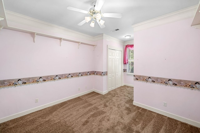 226 Euharlee Five Forks Rd, Kingston, GA 30145 - spare room featuring light colored carpet, crown molding, ceiling fan, and baseboards