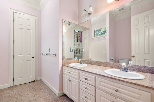 226 Euharlee Five Forks Rd, Kingston, GA 30145 - bathroom featuring ornamental molding, double vanity, baseboards, and toilet