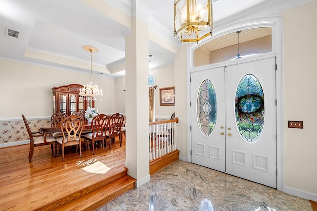 226 Euharlee Five Forks Rd, Kingston, GA 30145 - entryway featuring a chandelier, crown molding, baseboards, french doors, and marble finish flooring