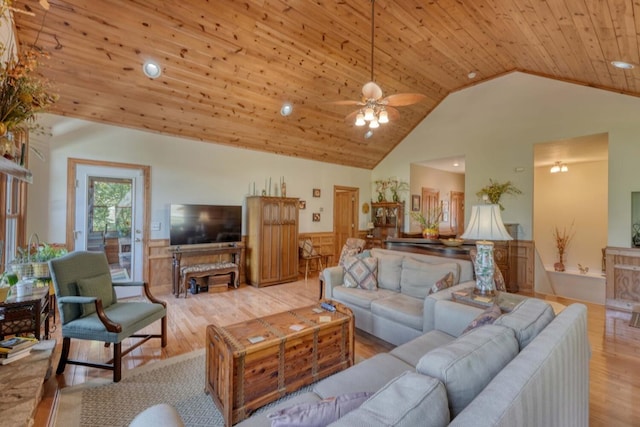 living room with ceiling fan, light hardwood / wood-style floors, high vaulted ceiling, and wood ceiling