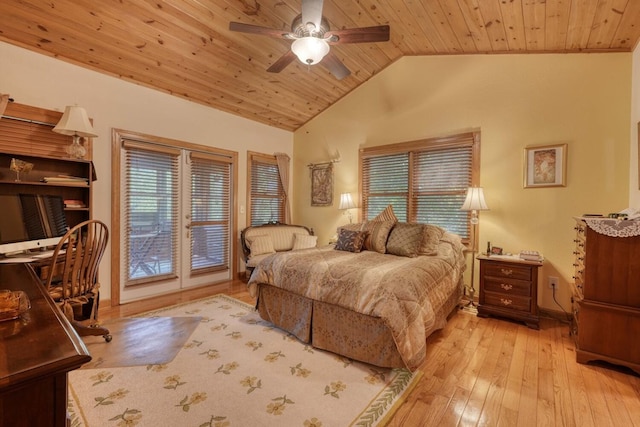 bedroom featuring wooden ceiling, light hardwood / wood-style floors, ceiling fan, and multiple windows