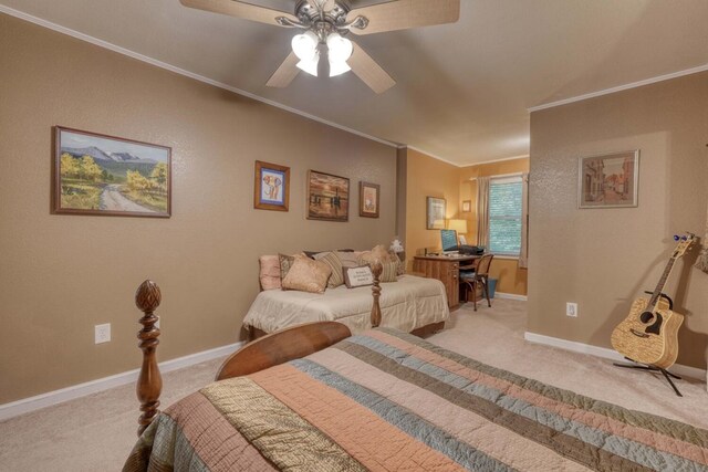 bedroom with ceiling fan and light carpet