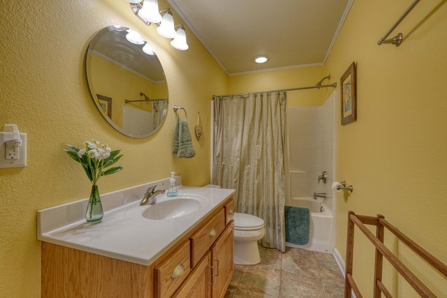 full bathroom featuring toilet, vanity, tile patterned floors, shower / tub combo, and crown molding