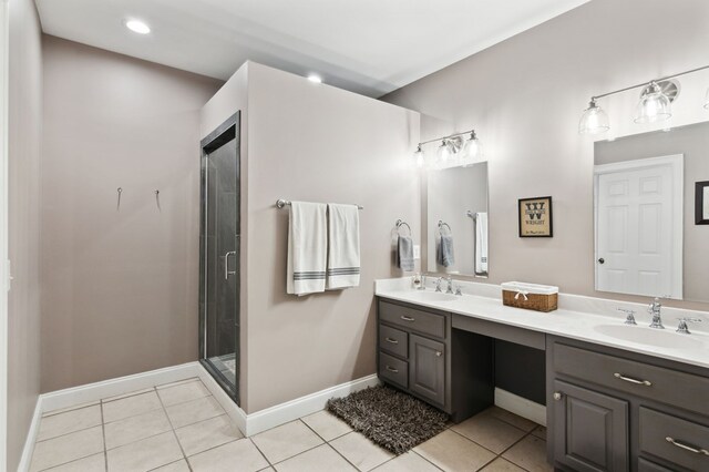 bathroom featuring tile patterned flooring, vanity, and a shower with door