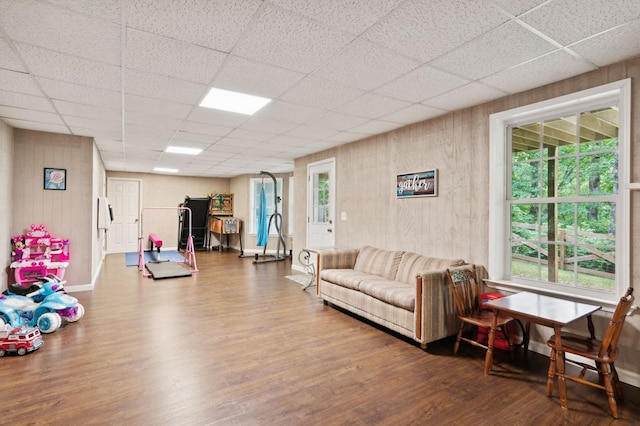 living room featuring a healthy amount of sunlight, hardwood / wood-style floors, and a drop ceiling