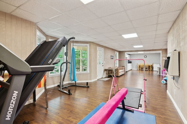 workout area featuring a drop ceiling and dark wood-type flooring