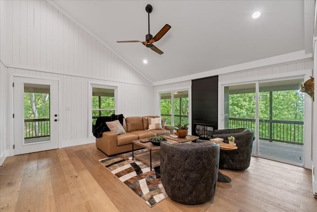 1220 Walnut Rdg, Ellijay, GA 30536 - living area featuring wood-type flooring, ceiling fan, ornamental molding, and high vaulted ceiling