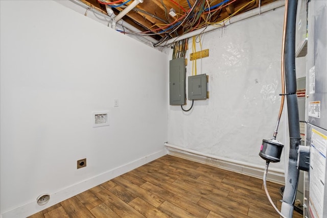 1220 Walnut Rdg, Ellijay, GA 30536 - unfinished basement with electric panel, baseboards, and wood finished floors