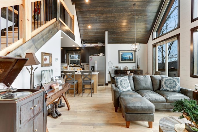 681 Confederate Cir, Murphy, NC 28906 - living area featuring wooden ceiling, high vaulted ceiling, and light wood-style floors