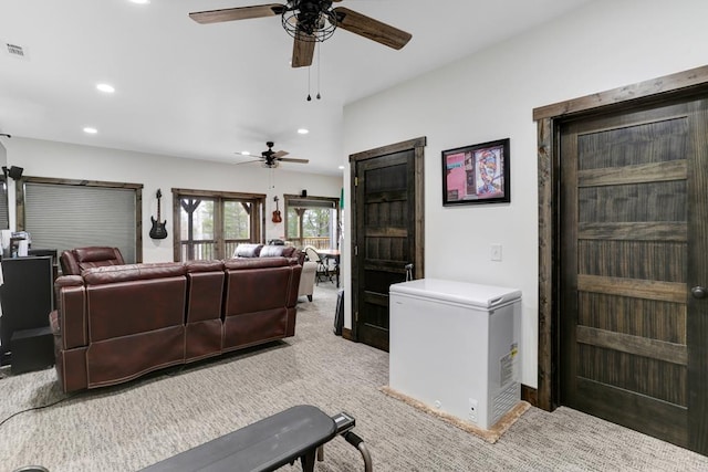 681 Confederate Cir, Murphy, NC 28906 - living room with carpet floors, ceiling fan, and recessed lighting
