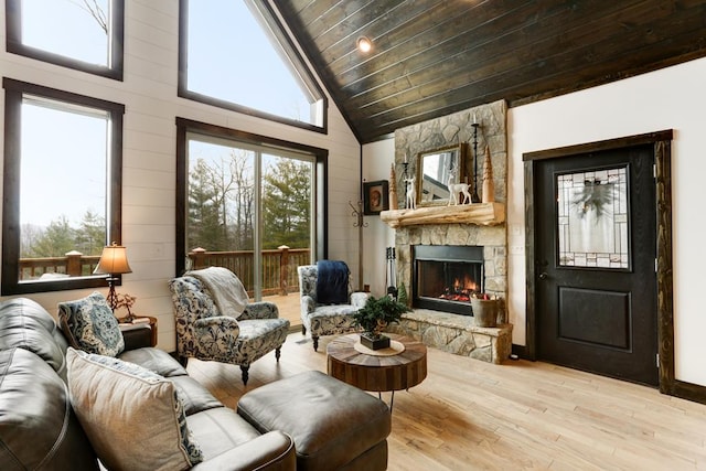 681 Confederate Cir, Murphy, NC 28906 - living area featuring high vaulted ceiling, light wood-style flooring, wood walls, a fireplace, and wood ceiling