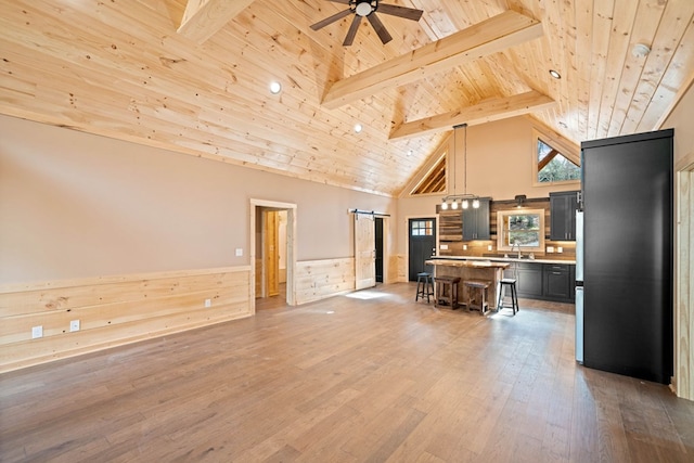 living room with sink, a barn door, high vaulted ceiling, wooden ceiling, and wood walls