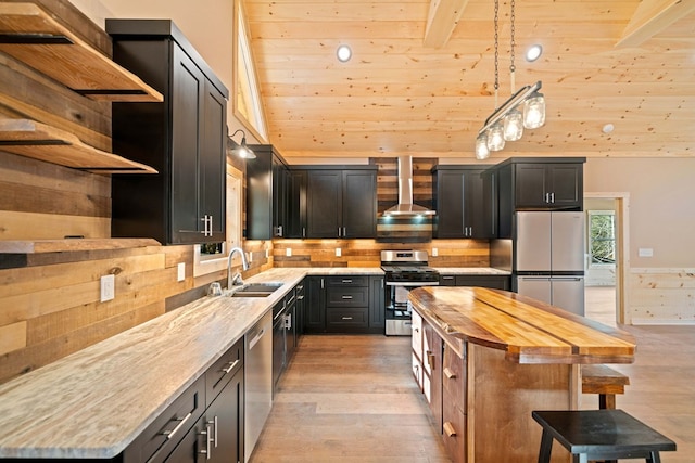 kitchen with wall chimney exhaust hood, stainless steel appliances, sink, wooden ceiling, and a center island