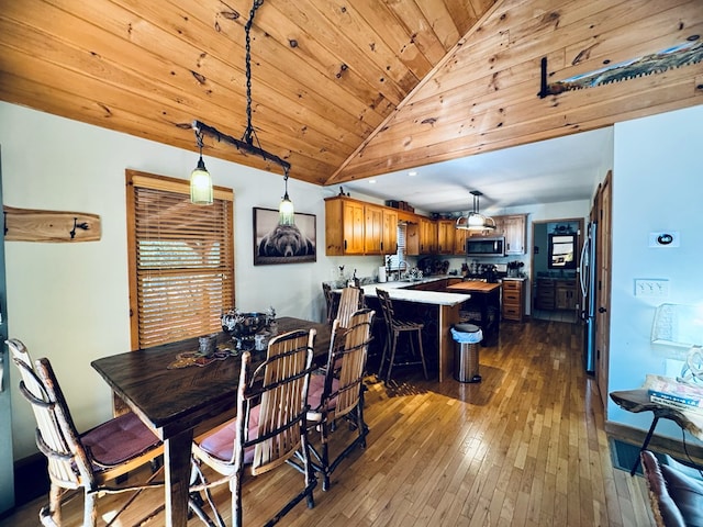 dining area with vaulted ceiling, dark hardwood / wood-style flooring, and wood ceiling