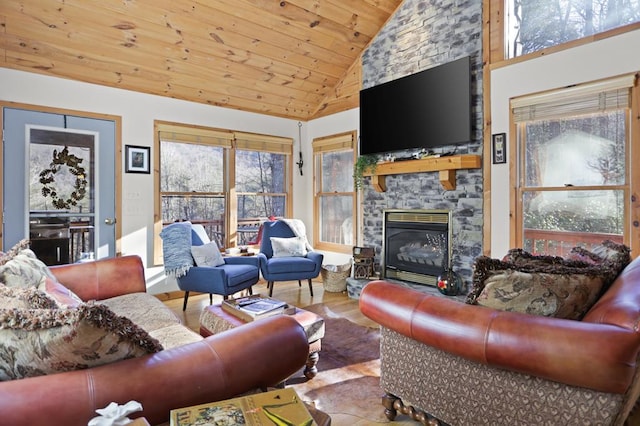 living room with a fireplace, high vaulted ceiling, light wood-type flooring, and wood ceiling