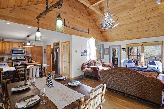 dining space with light hardwood / wood-style flooring, a chandelier, wood ceiling, and high vaulted ceiling