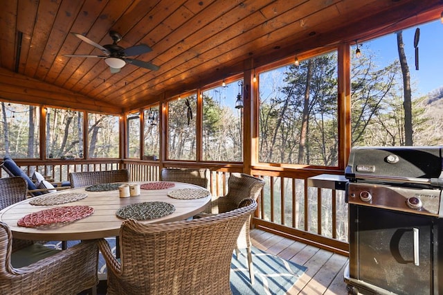 sunroom / solarium featuring ceiling fan, wood ceiling, and lofted ceiling