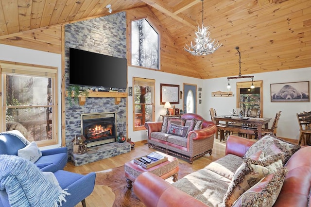 living room featuring a fireplace, wood ceiling, a notable chandelier, wood-type flooring, and high vaulted ceiling