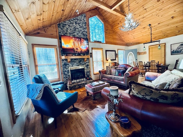 living room featuring high vaulted ceiling, hardwood / wood-style flooring, wood ceiling, and a stone fireplace