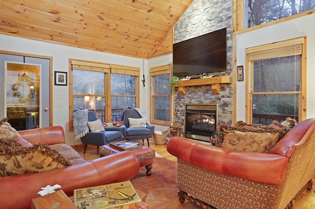 living room with a fireplace, high vaulted ceiling, wood-type flooring, and wood ceiling