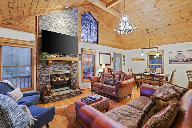 living room featuring a fireplace, hardwood / wood-style flooring, wood ceiling, high vaulted ceiling, and a chandelier