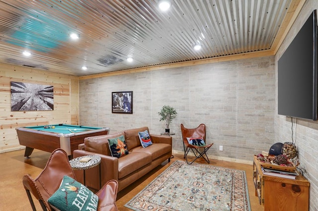 game room with billiards and wood ceiling