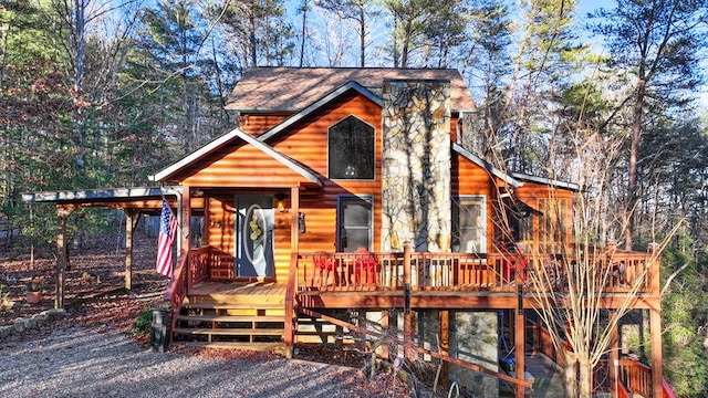 view of log cabin