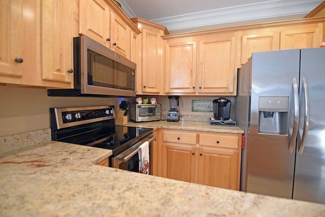 kitchen with light stone counters, ornamental molding, stainless steel appliances, and light brown cabinets